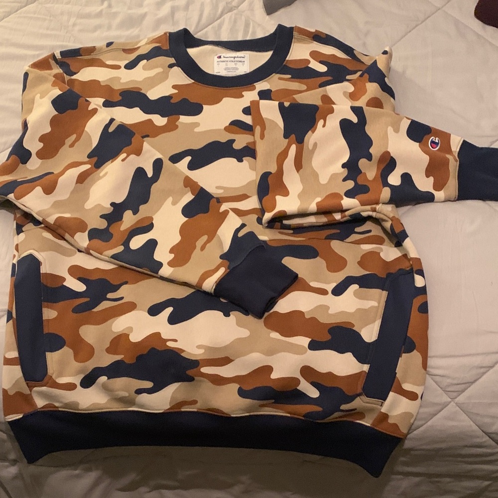 Champion Men's Camo Crewneck Sweater - Tan and Blue